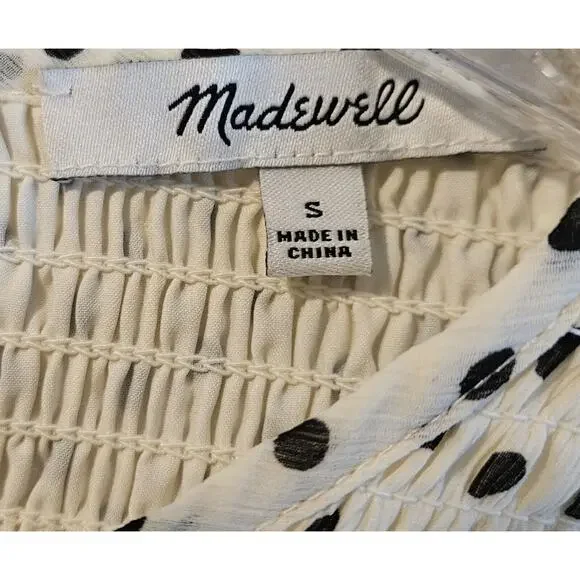 MADEWELL Women S Shift Dress Polka Dot Cream White & Black Smocked Ruffles Midi - Picture 3 of 10